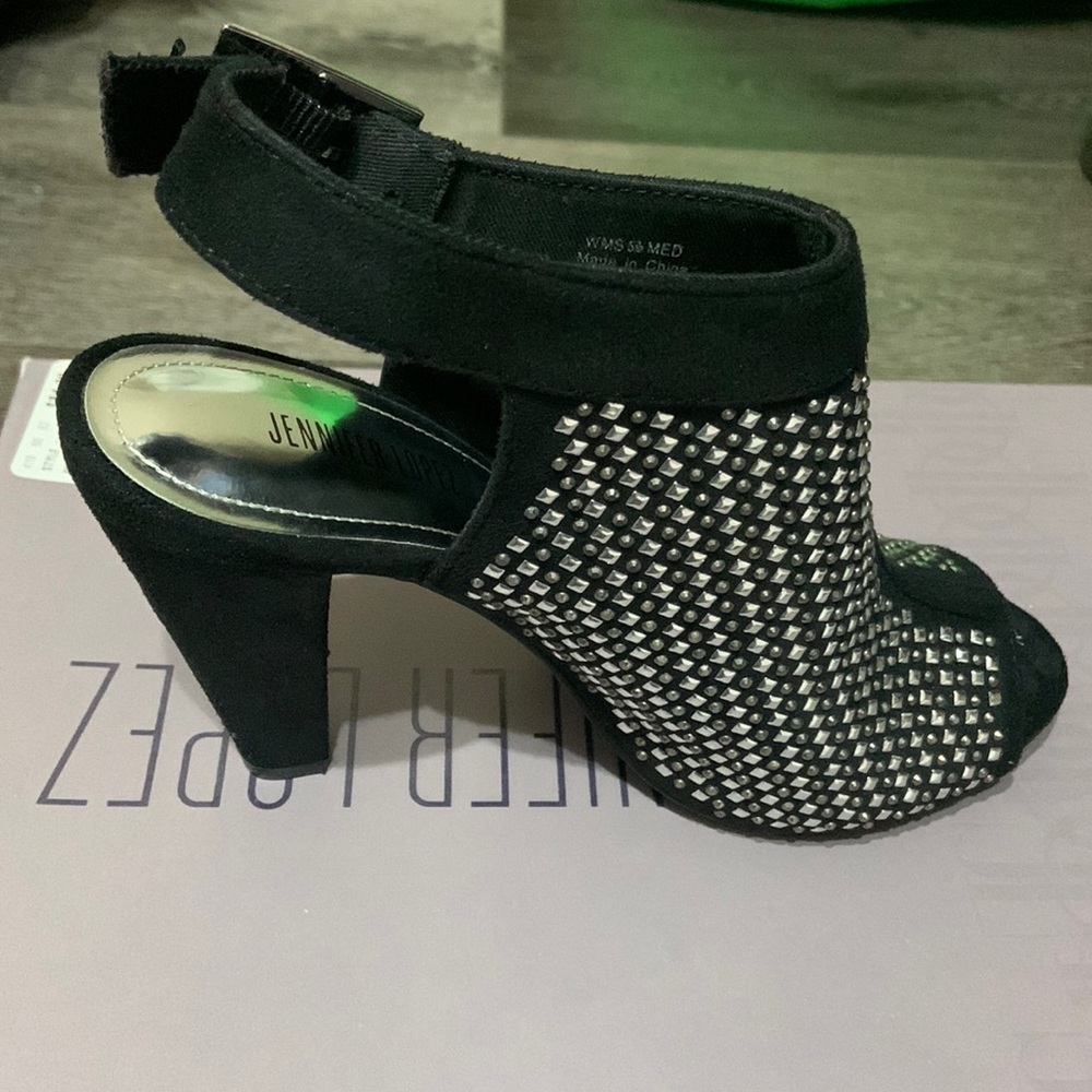 JLsashablack peep toe rhinestone embellished bootie. Size US 5.5